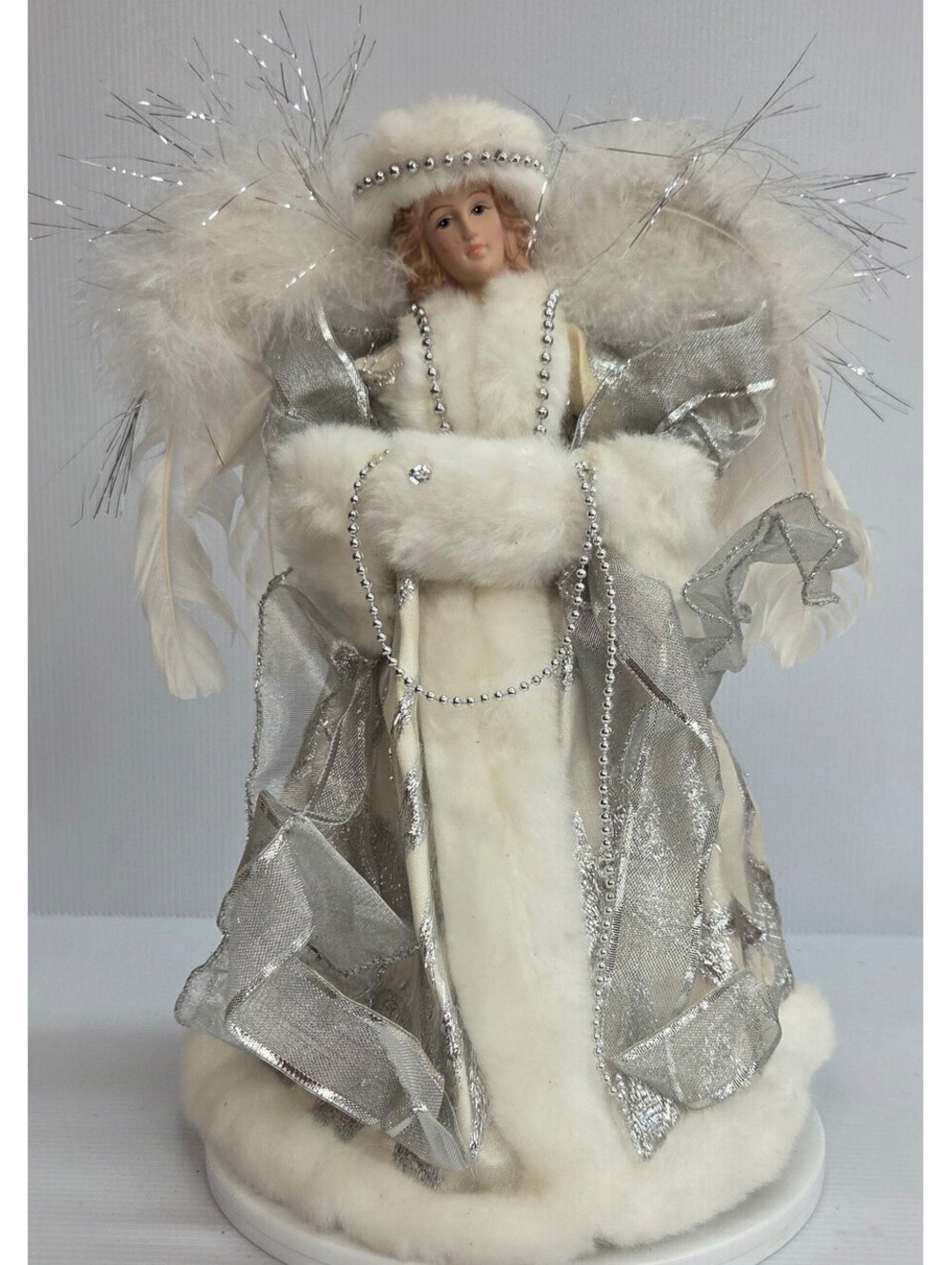 Dan Dee Collectors Choice Christmas Angel Tree Topper 12” White Silver Feather